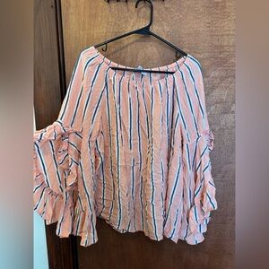 Fever Peach and Blue Striped Ruffle Blouse